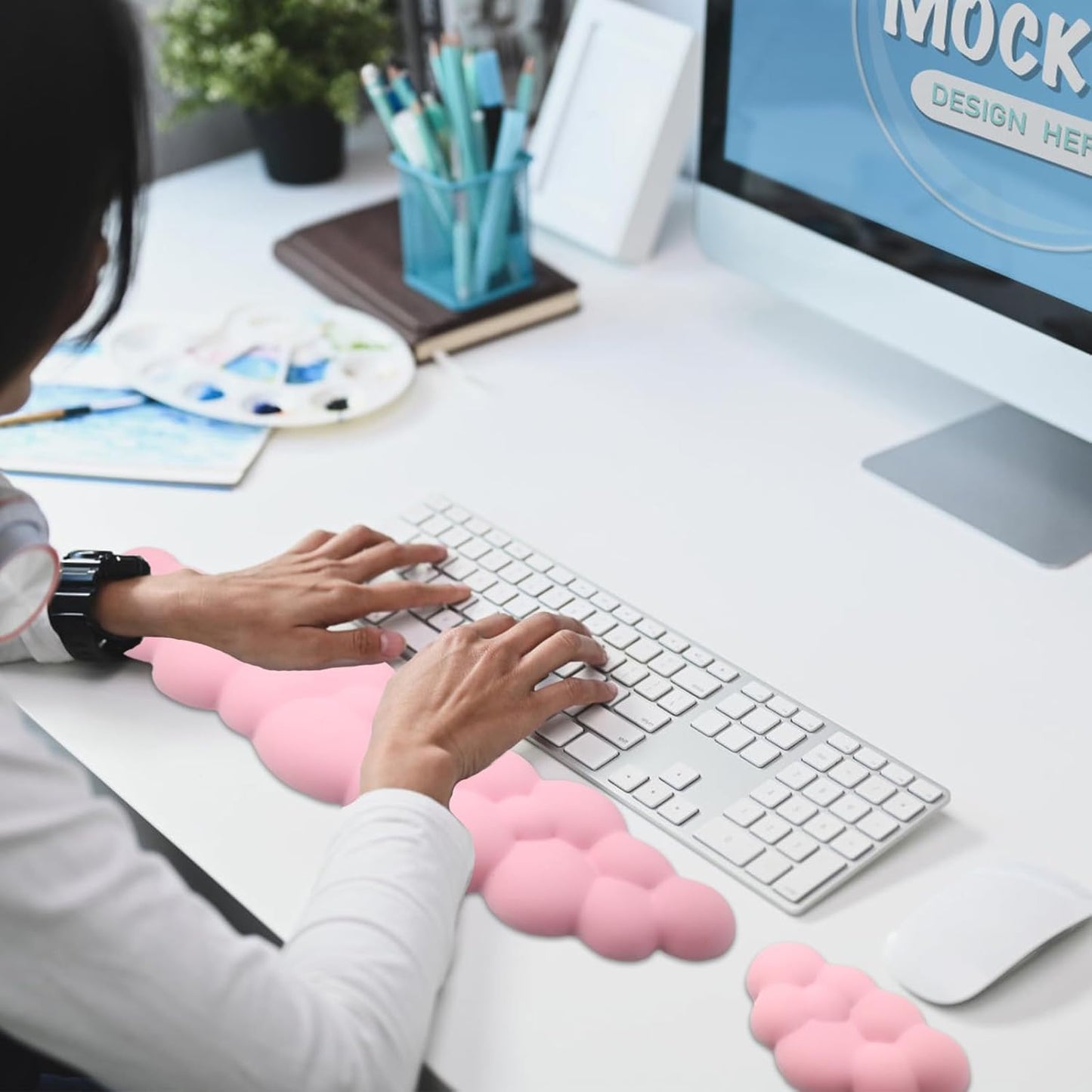 Cloud Wrist Rest Keyboard, PU Leather Memory Foam Wrist Rest for Computer Keyboard, Ergonomic Keyboard Wrist Rest and Cute Mouse Wrist Rest for Gaming,Office,Computer,Typing Pain Relief,Pastel Green