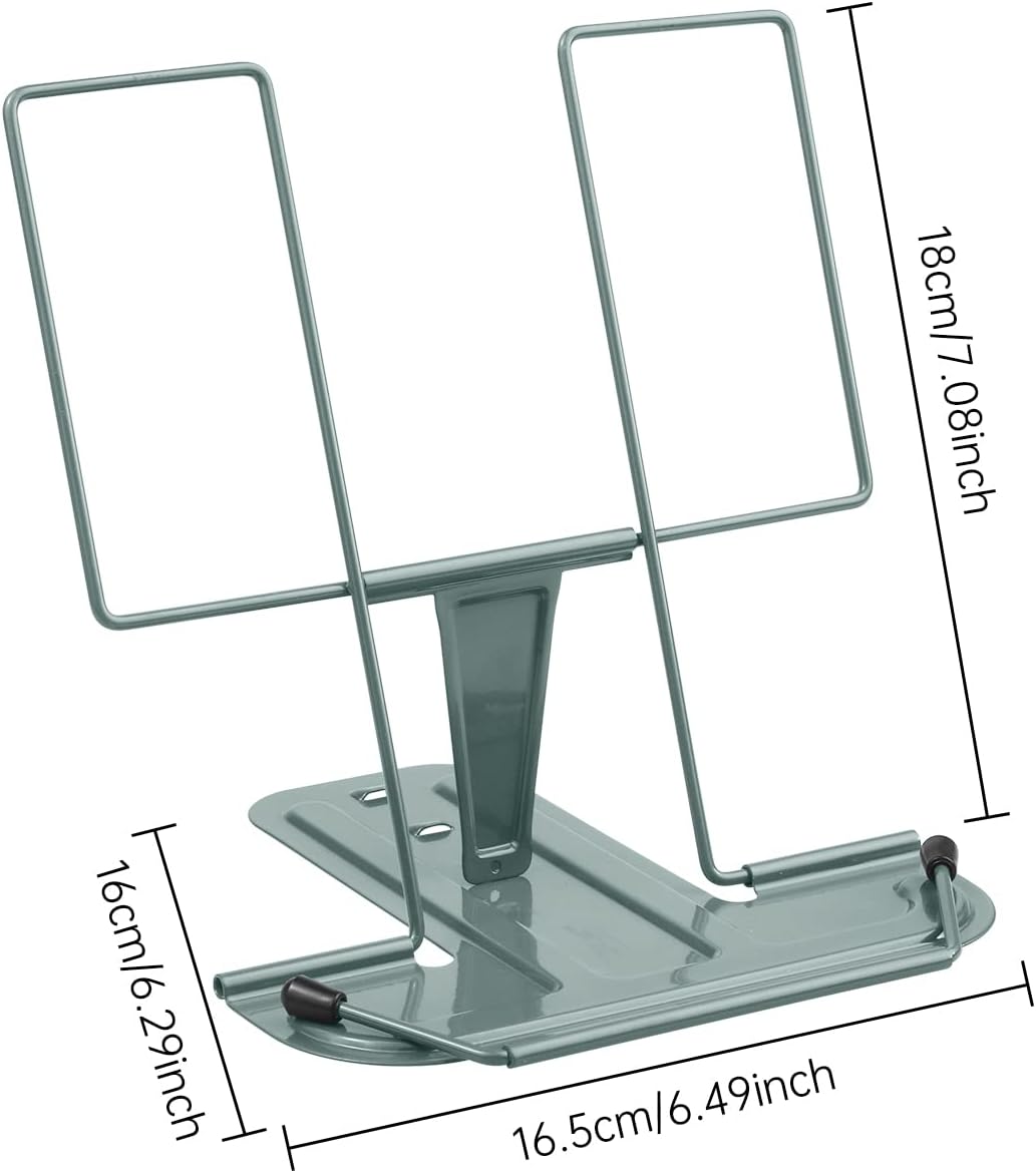 Metal Book Stand for Desk, Adjustable Reading Rest Book Holder, Portable Cookbook Documents Holder, Sturdy Typing Stand for Recipes Textbooks Tablet Music Books with Page Clips (Green)
