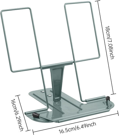 Metal Book Stand for Desk, Adjustable Reading Rest Book Holder, Portable Cookbook Documents Holder, Sturdy Typing Stand for Recipes Textbooks Tablet Music Books with Page Clips (Green)