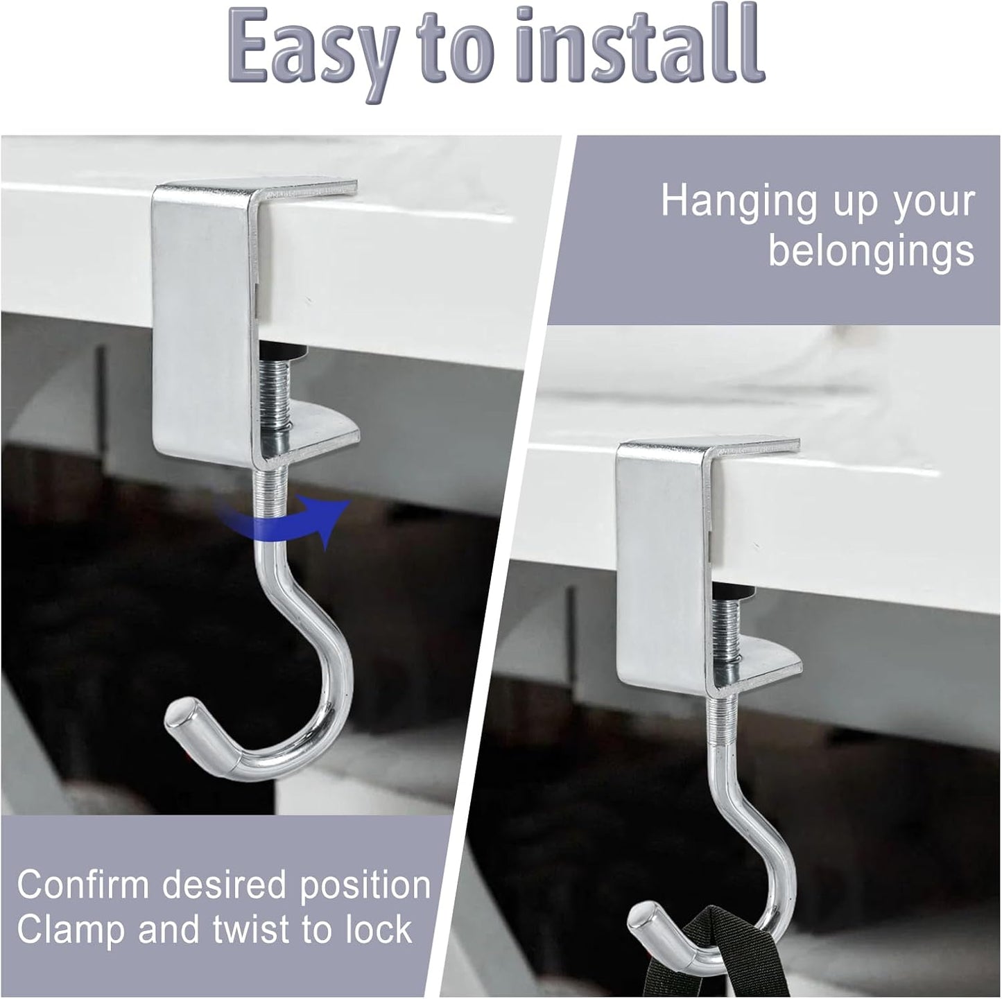 2PCS Desk Mount Bag Holder Hook, Desk Hook with Adjustable Arm Clamp Under Table Handbag Hanger Purse Hooks Portable Clamp-On Backpack Hanger for Table, Under Counter(Silver)