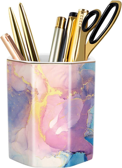 Pen Holder, Pencil Holder for Desk, Marble Desk Organizer Cute, Durable Ceramic Pencil Cup, Decorative Makeup Brush Holder Cup, Stationery Holder for Office, Home, Gray Marble