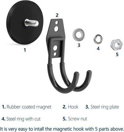Heavy Duty Magnetic Hooks, Super Strong Garage Magnet Hooks, Magnetic Cable/Tool Holder with Anti-Slip Coating for Horse Trailer, Indoor & Outdoor Hanging Strong Black Magnetic Hook(4Pack)
