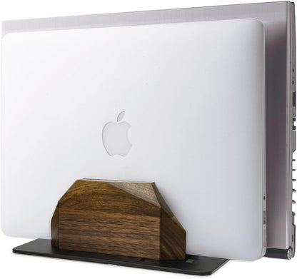 Vertical Laptop Stand for Desk, Dual Slot Wood Laptop Holder to Dock MacBook, MacBook Pro and & Gaming Laptops, Solid Black Walnut, Geometric Sculpted Craftsmanship