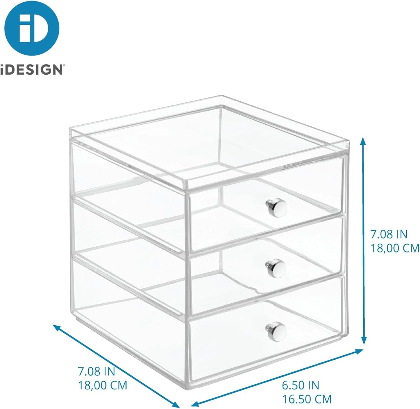 iDesign 3-Drawer Stackable Makeup Organizer - Small Clear Plastic Storage Drawers for Bathroom, Vanity, or Desk