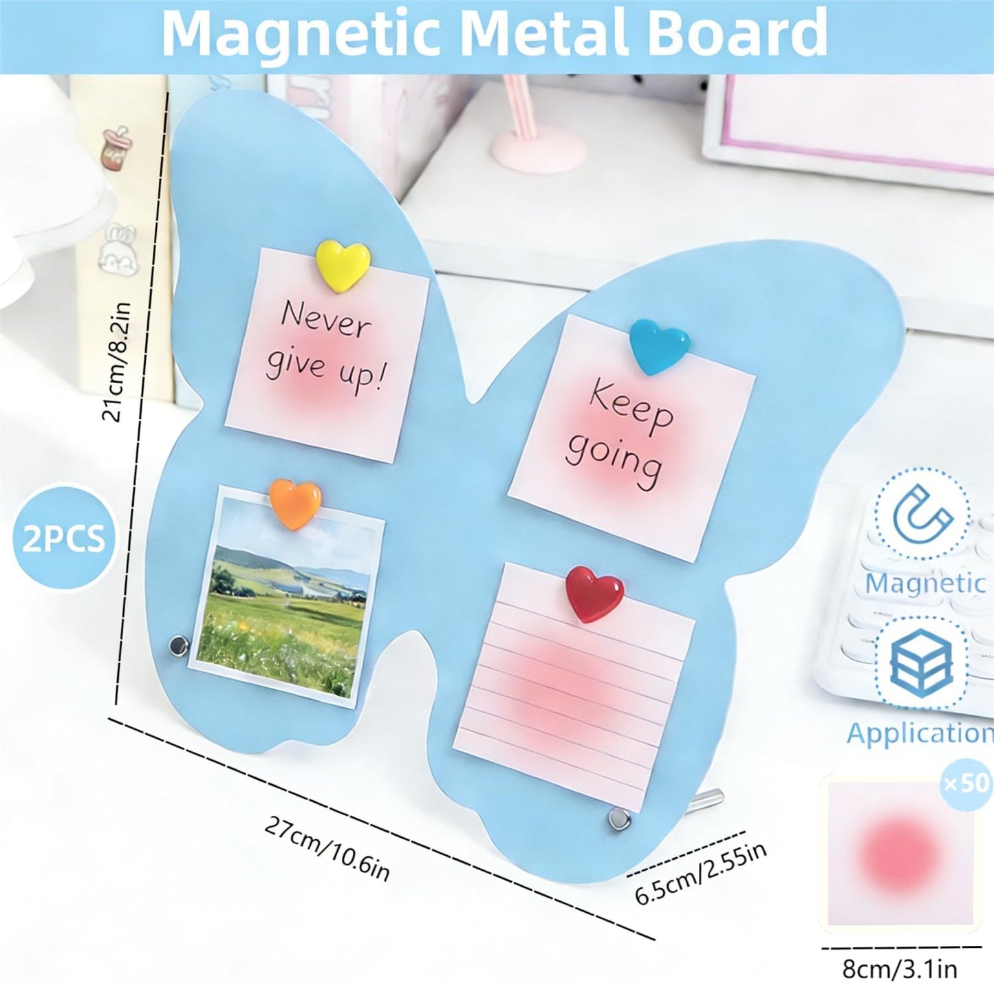 2 Pcs Magnetic Board, Black Magnet Message Board, 11"x7.8"Metal Magnetic Bulletin Board with 50pcs Memo Sheets and 8pcs Magnets, Magnet Display for Home, School, Kitchen, Office(Square,White)