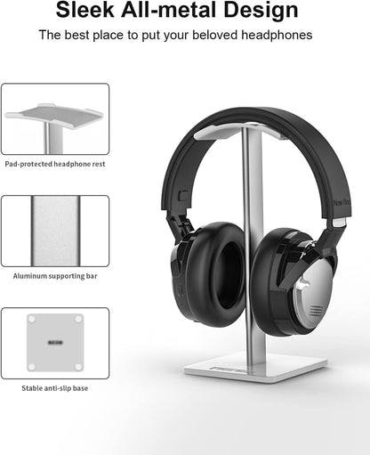 New bee Headphone Stand Headset Holder Earphone Stand with Aluminum Supporting Bar Flexible Headrest ABS Solid Base for All Headphones Size (Black)