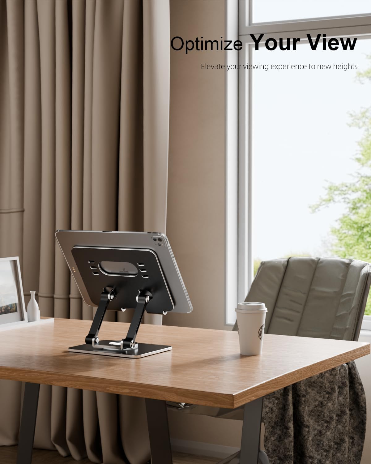 Orlian Tablet Stand Holder with Thickened 360°Rotating Base Dual Rod Adjustable Aluminum Stand for All 5.8-12.9” iPad Samsung Phone Tablet Kindle E-Reader and More, Black