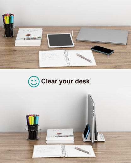 Vertical Laptop Stand for Desk, Dual Slots Plastic Laptop Holder with Space Saving 4-in-1 Design, Adjustable Width Supports MacBook, Chromebook, Surface, Dell (Black)