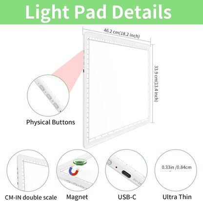 KOBAIBAN A3 Magnetic Light Pad with Bag, Rechargeable Diamond Art Light Board with Side Physical Buttons, 3 Color Light Modes Super Bright Light Table Light Box for Tracing, Drawing, Sketching (White)