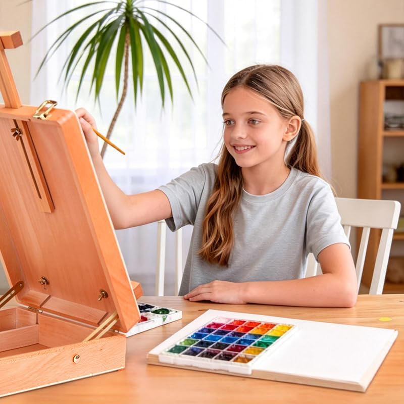 Wooden Art Easel for Painting & Sketching - Tabletop & Table Top Easel with Storage - Adjustable Height & Angle, Foldable - Perfect for Adults, Artists, Students & Beginners