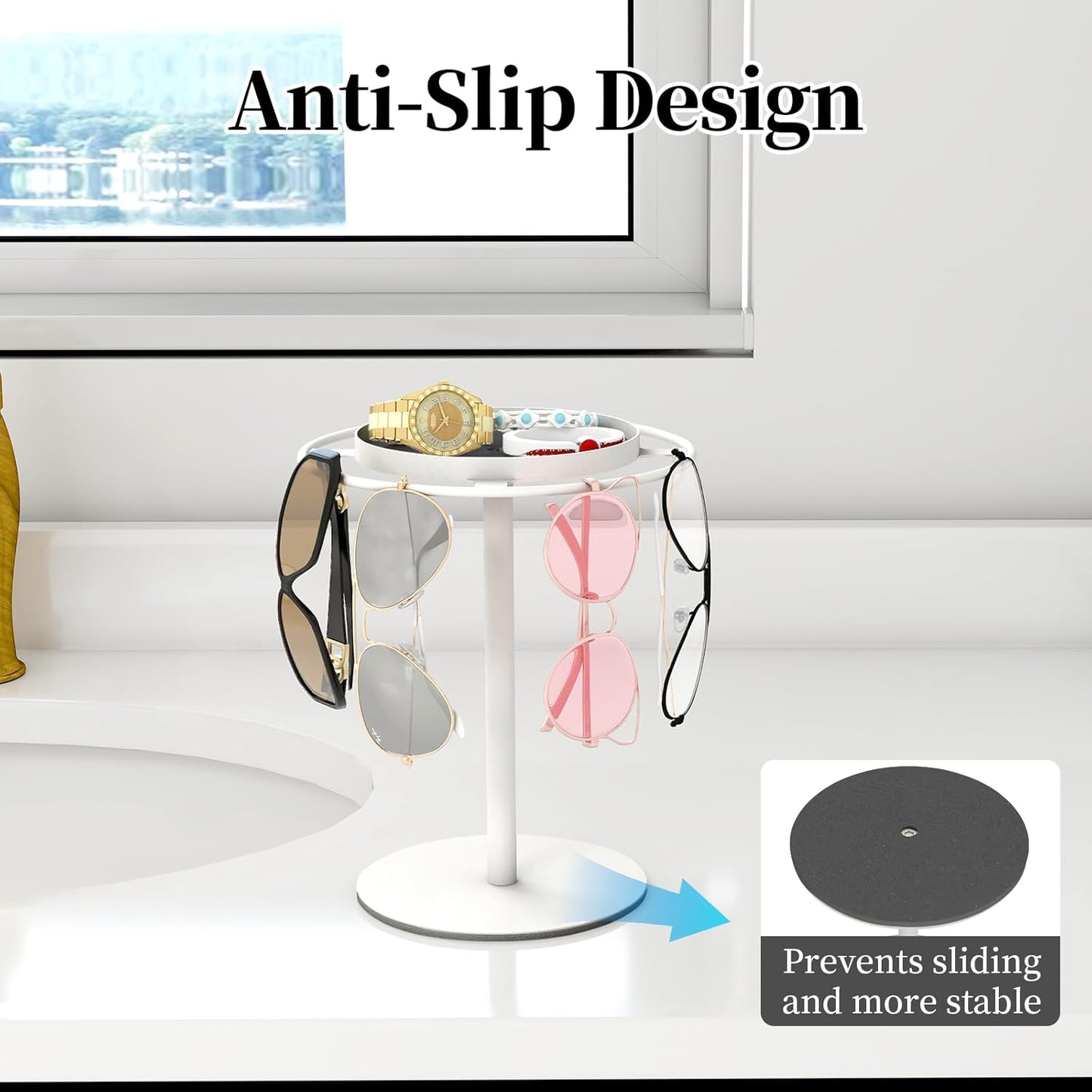 LSK Metal Sunglasses Organizer, Glasses Holder Stand with Storage Tray, Eyeglasses Holder with Anti-Slip Pads for Tabletop, Desk, Dresser, Matte Black