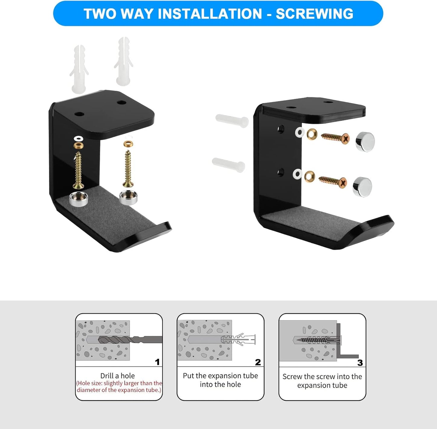 Cosmos 2 Pcs Headphone Hanger Mount Under-Desk Headset Hanger Hook Earphone Holder Wall Mount Hooks with Adhesive Tape & Screw Set Compatible with PC Gaming DJ Headset, Acrylic (Solid Black)