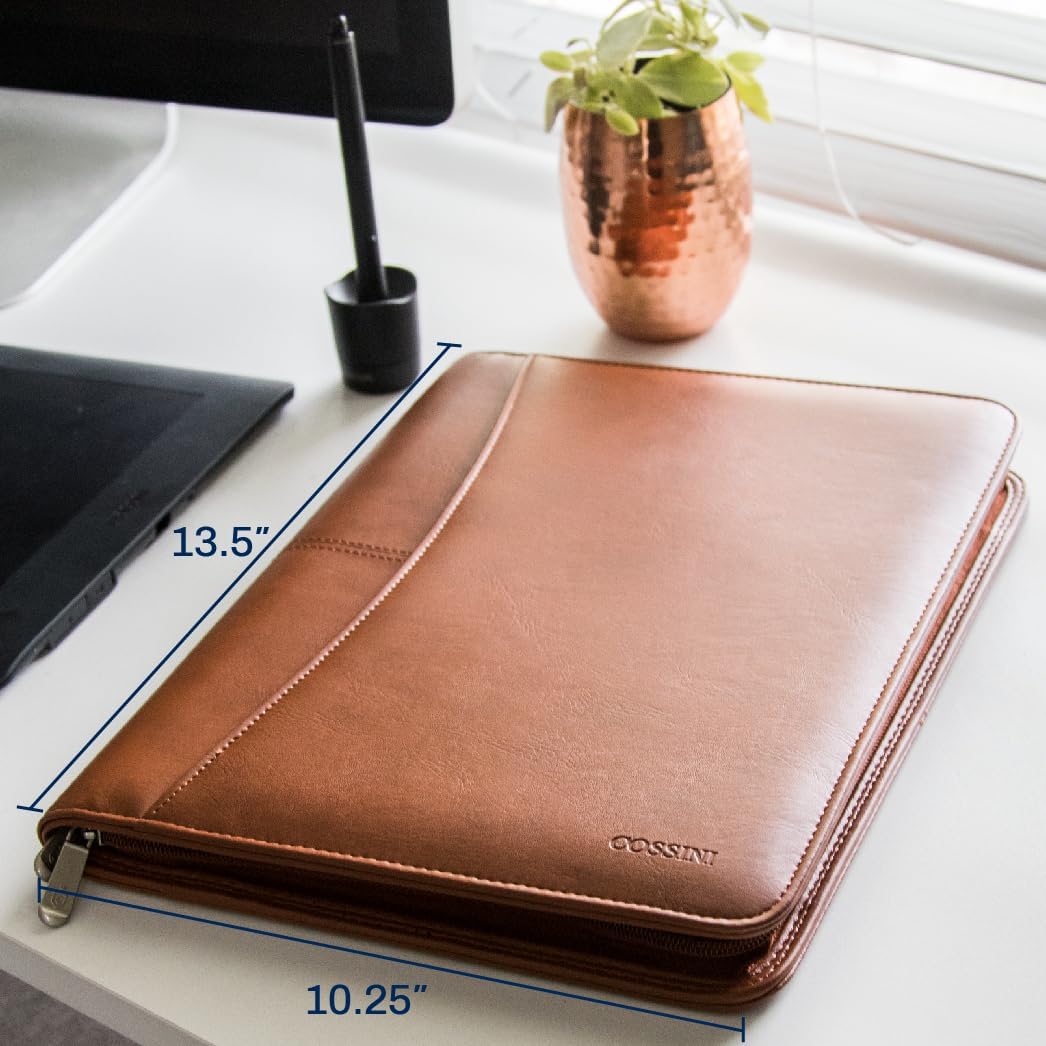 Cossini Black Superior Vegan Leather Business Portfolio with Zipper – Padfolio All-in-One. Smartest Protective 10.1 Inch Tablet Sleeve, Presentation Slot, Solar Calculator, Card Storage, Writing Pad