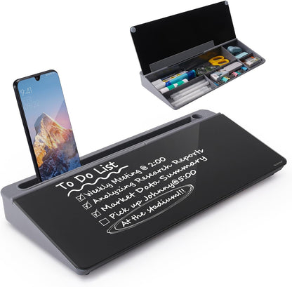 TSJ OFFICE Small Desktop Whiteboard -Glass Dry Erase Board Computer Keyboard Stand White Board Surface Pad with Drawer, Desk Organizers with Accessories for Office, Home, School Supplies - White