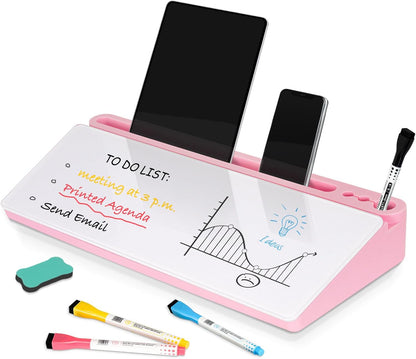 DOLLAR BOSS Glass Desk Whiteboard Calendar Small Dry Erase Board Desktop White Board with Storage Drawer Computer Keyboard Stand Desk Organizer, Colorful Weekly Calendar, Black