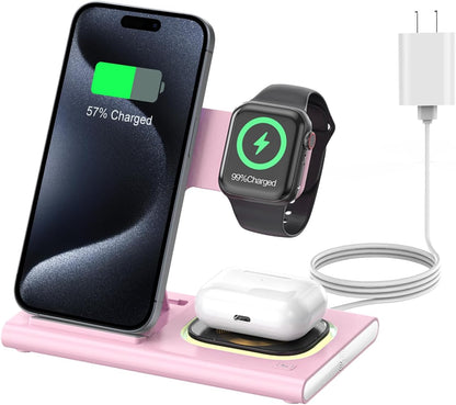 3 in 1 Foldable Charging Station for Apple Products,Wireless Charger for iPhone 17 16 15 14 13 12 Pro Max,Travel Dock Adapter&Light for iWatch Series 11 10 9 Ultra 3/2 SE 3/2,for AirPods 4 3 2 Pro 3/2