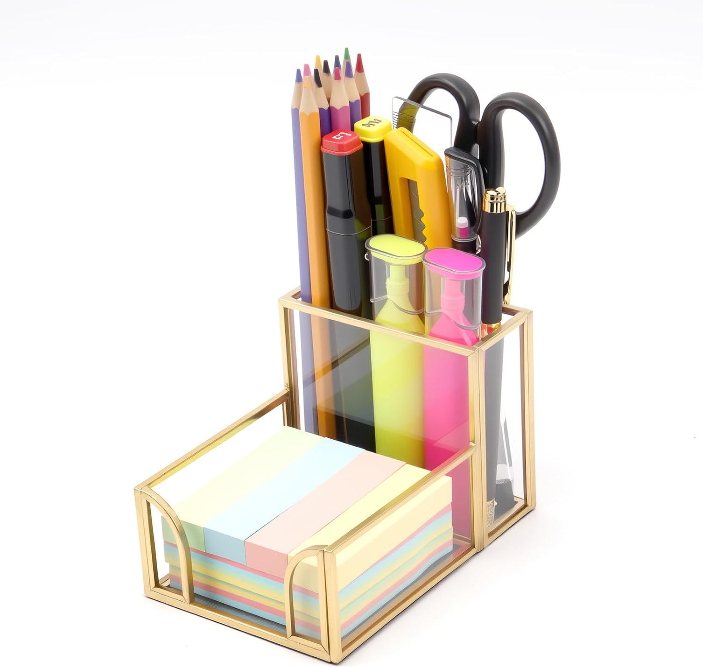 Glass Sticky Note Holder, Gold Post It Note Dispenser for Desk,3 x 3 Inch Post It Note Holder,Stylish Sticky Note Dispenser for Home Office Desk