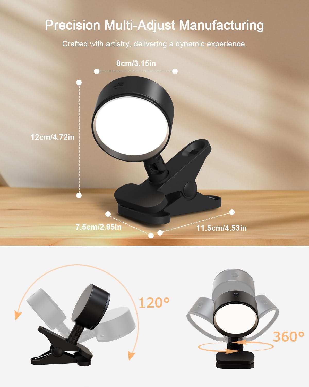 Clip on Light with 5000mAh Rechargeable Battery Operated, Eye Care Reading Light for Bed with 360° Rotation Touch & Remote, USB Clamp Light with 3 Color Modes & Dimmable for Headboard Bedside (white)