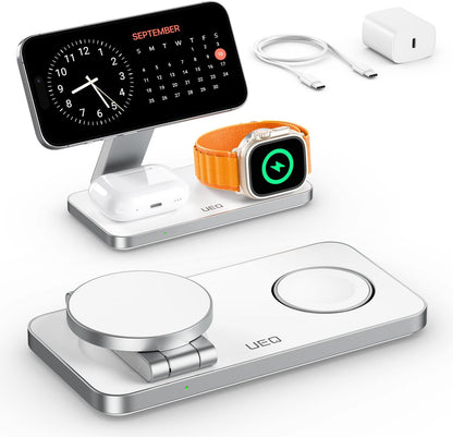 UEQ Foldable 3 in 1 Wireless Charging Station for Apple Magsafe Charger Stand,Fast Magnetic Wireless Charger Station for iPhone 17 Air 16 15 14 13 12 Series,Airpods Pro,Apple Watch Ultra (Pure Black)