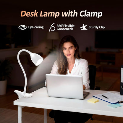 EJIAXIN Desk Lamp for Home Office - Clip on Reading Light and Bed Headboard Clamp Lamp, Bedside Gooseneck Table Lamp, Clip on Desk Lamps, Eye-Caring Desk Lamp for College Dorm Room Study Lamp, White
