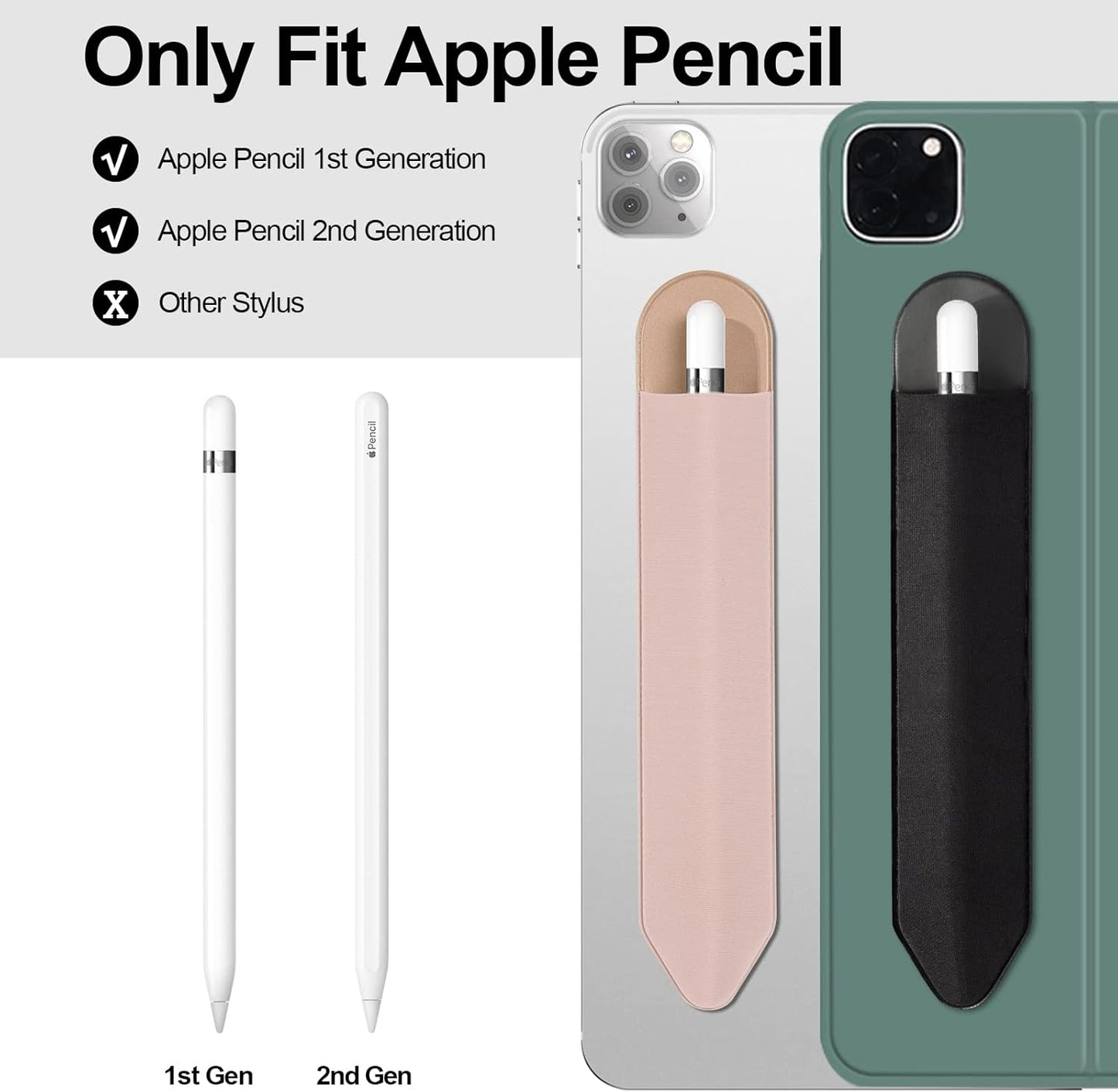 Apple Pencil Holder, 5 Pack Durable Elastic Apple Pencil (1st and 2nd Gen) Case Pocket, Adhesive Sleeve Pouch for iPad 8.3/9.7/10.2/10.5/11/12.9 Inch (Black Black)