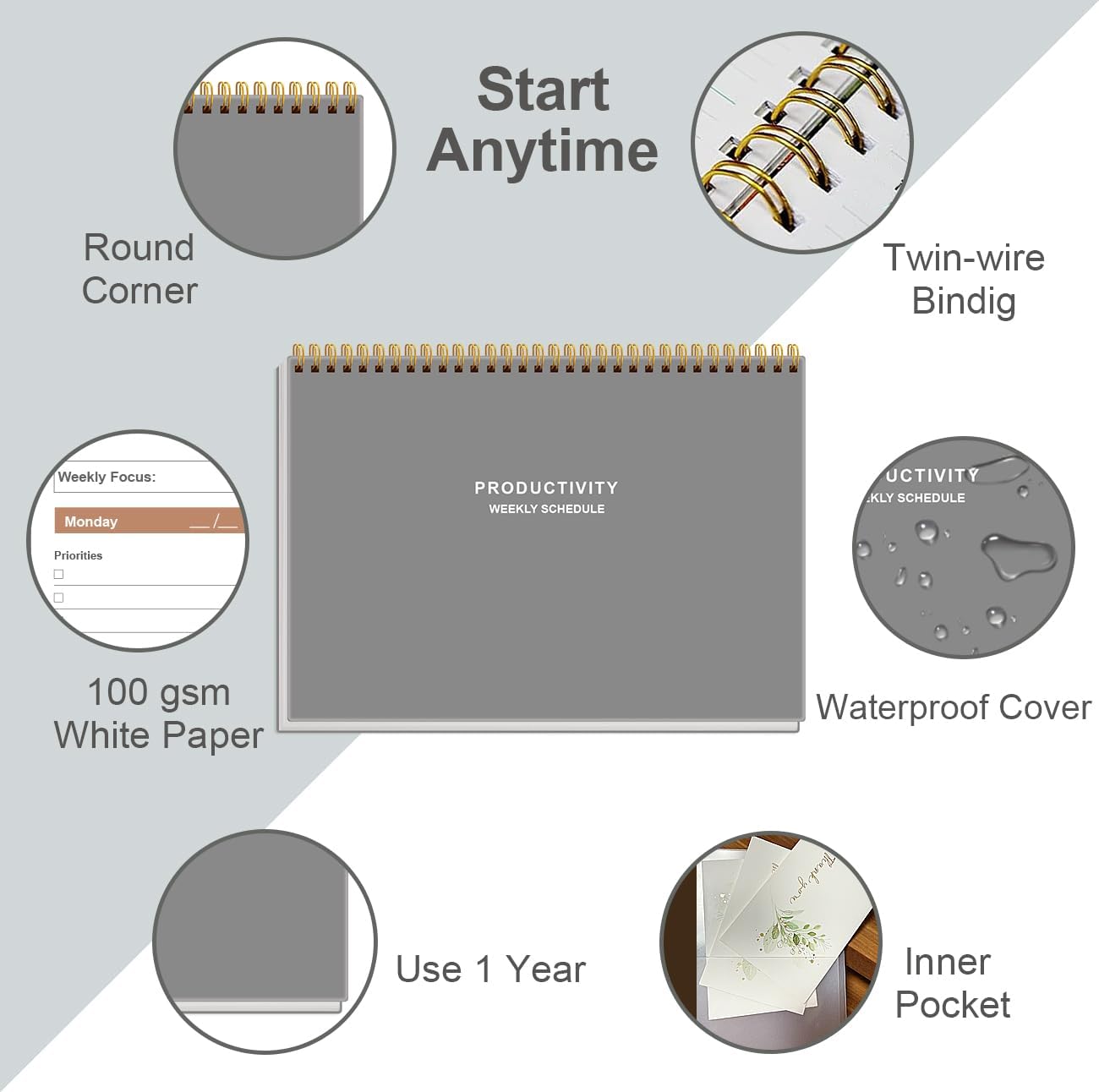 Weekly Productivity Planner - 8" x 11" Dashboard Desk Pad/Planner, Habit Tracker, Spiral Undated Weekly Planner for Office/School/Home, 54 Weeks, Black
