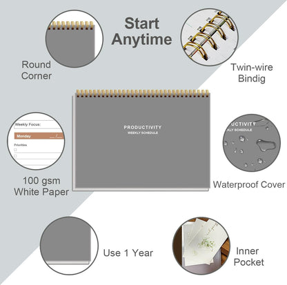 Weekly Productivity Planner - 8" x 11" Dashboard Desk Pad/Planner, Habit Tracker, Spiral Undated Weekly Planner for Office/School/Home, 54 Weeks, Black