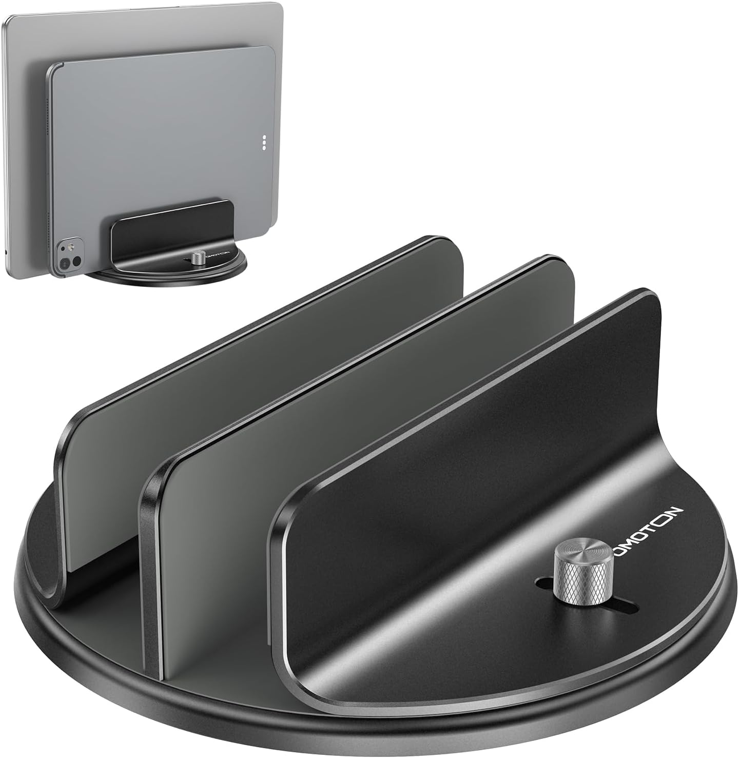 OMOTON VL04 360° Rotating Vertical Laptop Stand Holder, Aluminum Dual-Slot Desk Organizer for MacBook & iPad, Sides Knob Adjustment (No Lost Screws), Holds Laptop, Tablet & Keyboard, Fits up to 17.3"