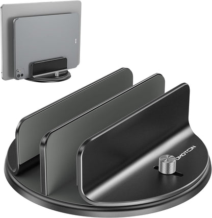 OMOTON VL04 360° Rotating Vertical Laptop Stand Holder, Aluminum Dual-Slot Desk Organizer for MacBook & iPad, Sides Knob Adjustment (No Lost Screws), Holds Laptop, Tablet & Keyboard, Fits up to 17.3"