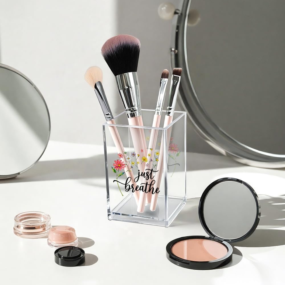 Just Breathe Acrylic Cosmetic Pencil Pen Holder Cup, Hope Inspirational Makeup Brush Organizer Holder, Women Faith Gifts, Encouragement Gifts for Women Mom Daughter Sister Friend Yoga Teacher