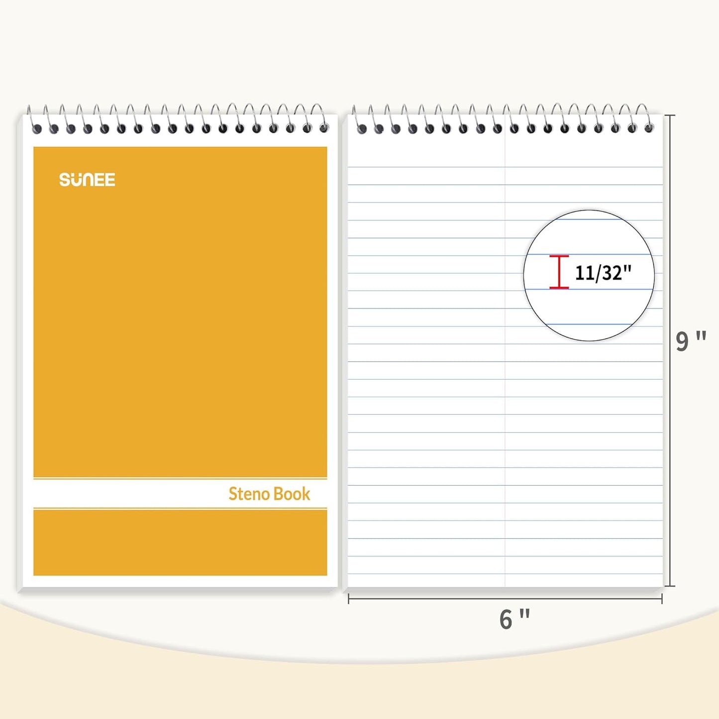 SUNEE 2 Pack Steno Pads 6x9, Gregg Rule, 60 Sheets, Spiral Notebook 6x9, White Paper, Take Notes with Top Spiral Notebook, for School, University, College, Work, Office, Yellow