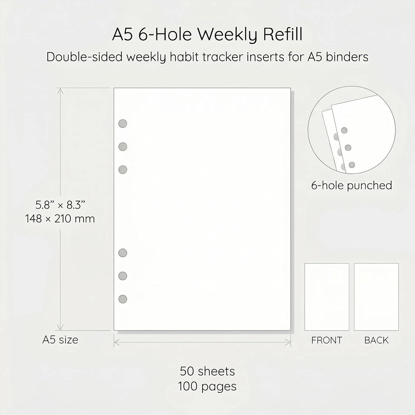 A5 Weekly Habit Tracker Inserts - Motivation & Rewards Pages for Weekly Goals and Consistency, Double-Sided 6-Hole Refill for A5 Binders, 50 Sheets, 100 Pages