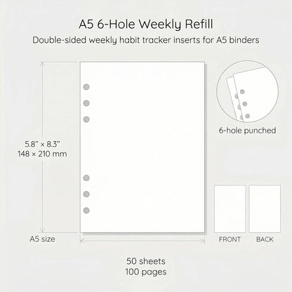 A5 Weekly Habit Tracker Inserts - Motivation & Rewards Pages for Weekly Goals and Consistency, Double-Sided 6-Hole Refill for A5 Binders, 50 Sheets, 100 Pages