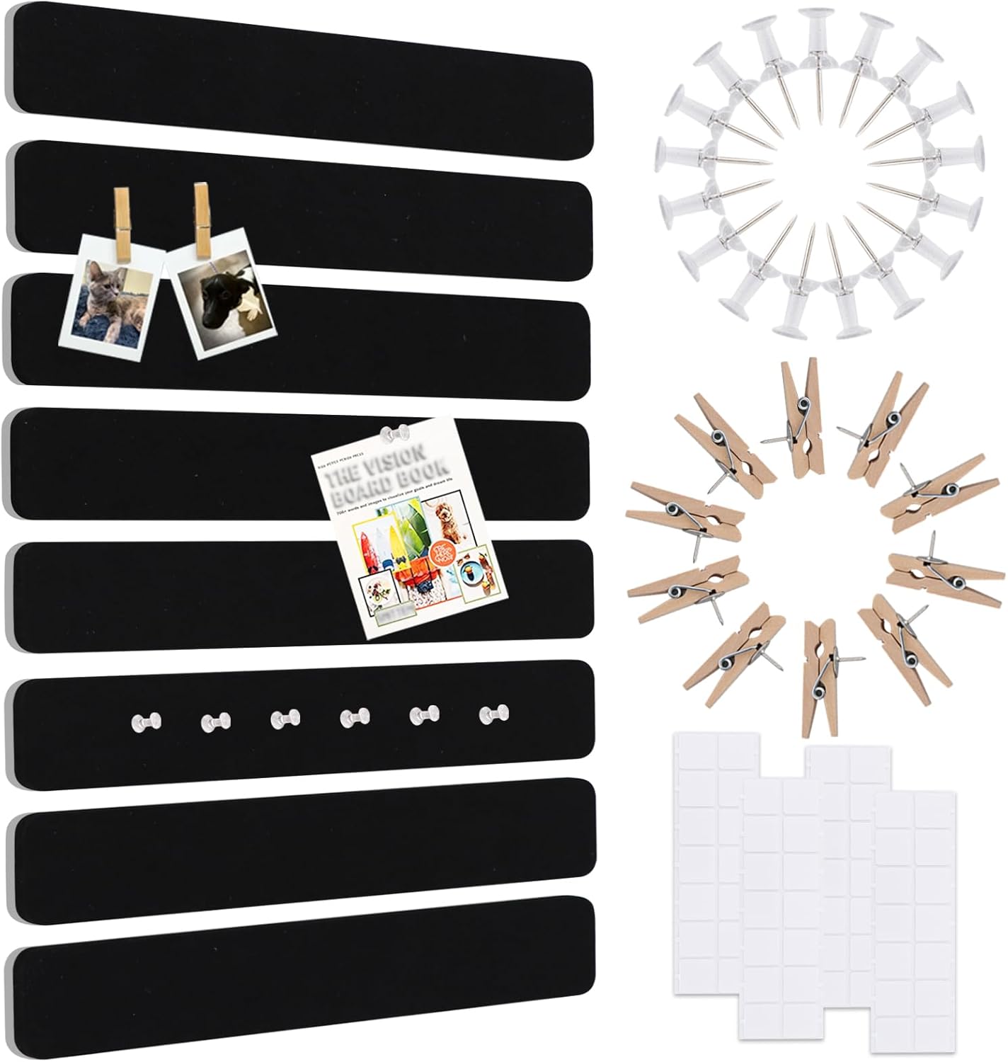 Vuzvuv 8 pcs Bulletin Board Bar Strips with 50 Pushpins & 10 Wooden Clip pins，Self Adhesive Cork Board for Wall，Felt Pin Board for School，Office Decor（Black White Grey）