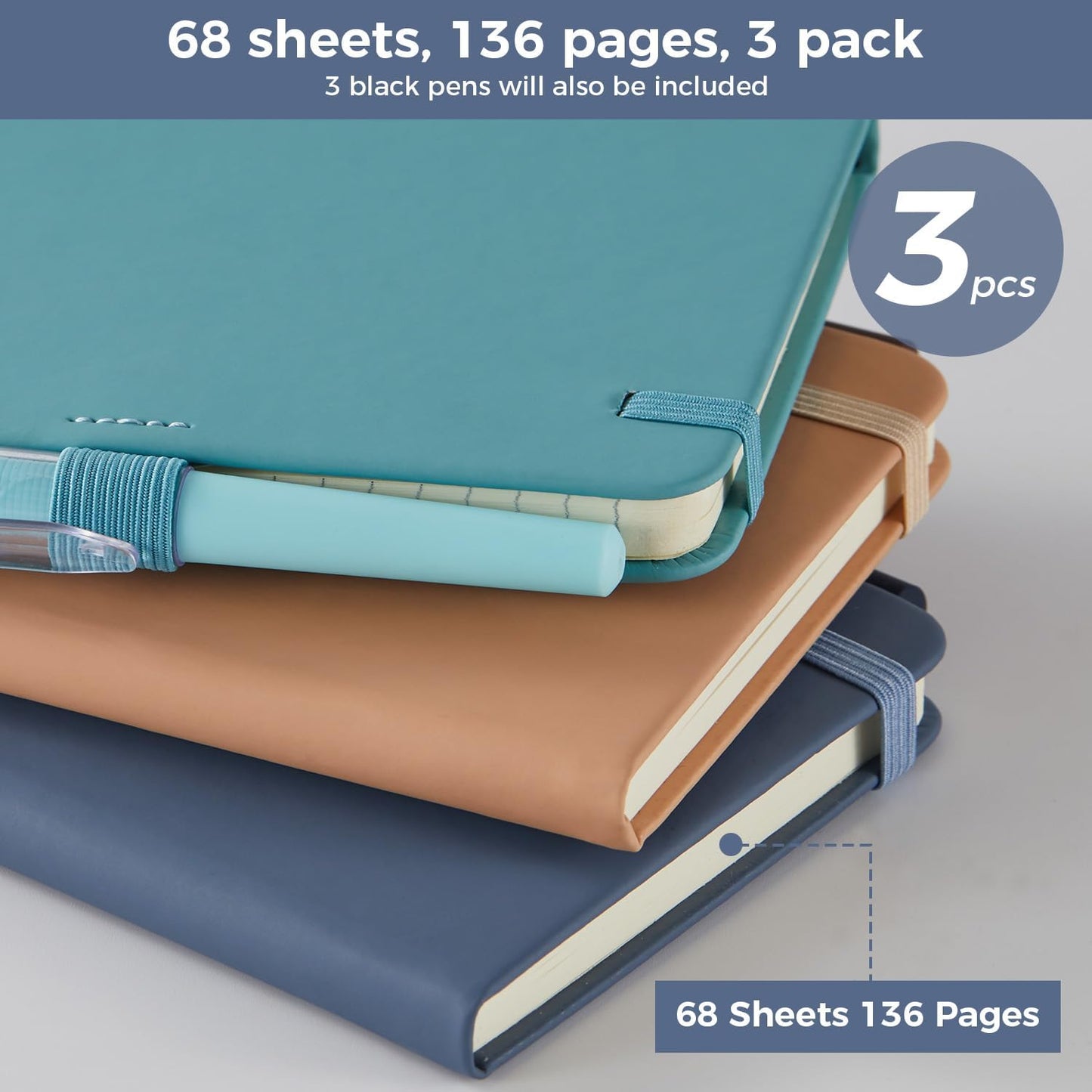 NIRMIRO 3 Pack Pocket Notebook Journals, Small Notepad Notebooks for Note Taking, A6 Mini Note pads with Pen Holder, 408 Lined Pages, 3.7" x 5.7", Black, Brown, Blue