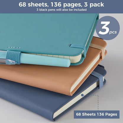 NIRMIRO 3 Pack Pocket Notebook Journals, Small Notepad Notebooks for Note Taking, A6 Mini Note pads with Pen Holder, 408 Lined Pages, 3.7" x 5.7", Black, Brown, Blue