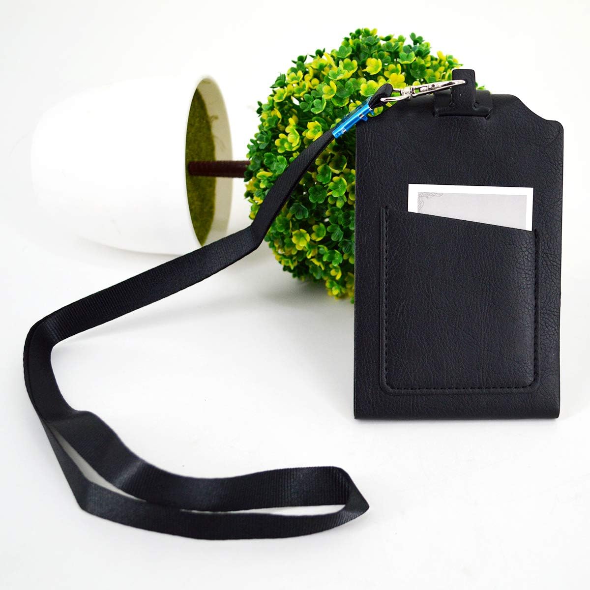 PU Leather Lanyard Meeting Notebook Neck Hanging Notepad with ID Slot and Pen, 3.5X5.1inch, Black