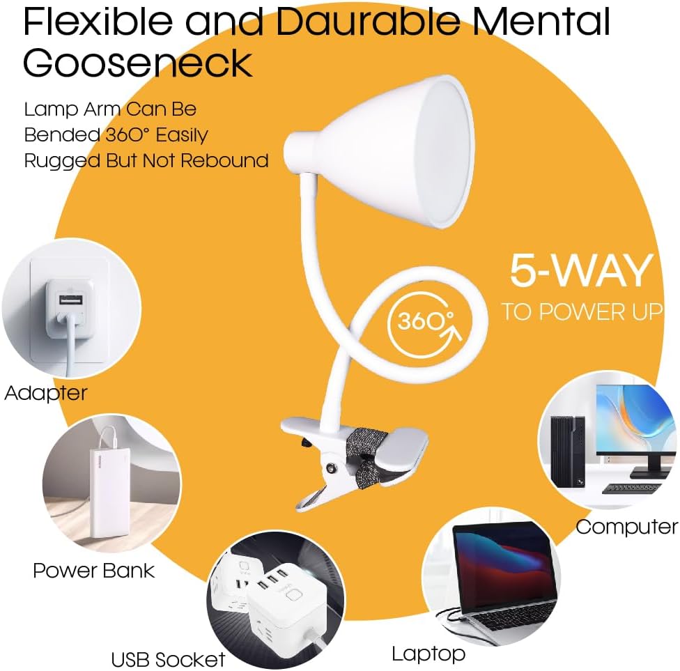 GlowVibe Desk Lamp 3 Color Modes 10 Brightness Dimmer Reading Light 10W 40 LED Clamp Lamp 360° Flexible Neck Clip on Light for Bedroom and Office Home Lighting, AC Adapter Include