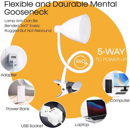GlowVibe Desk Lamp 3 Color Modes 10 Brightness Dimmer Reading Light 10W 40 LED Clamp Lamp 360° Flexible Neck Clip on Light for Bedroom and Office Home Lighting, AC Adapter Include