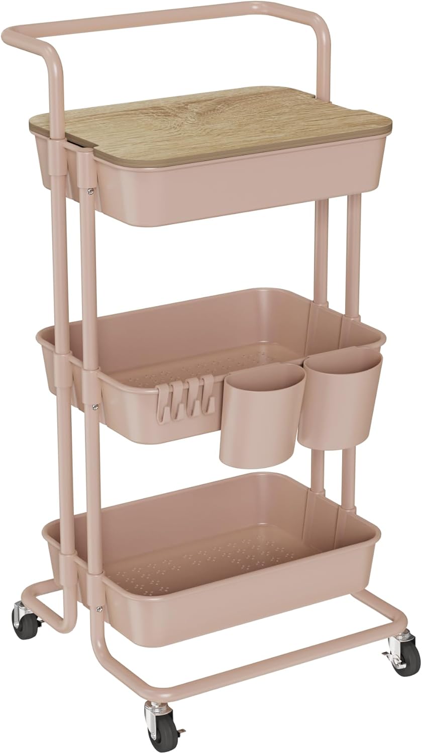 DTK 3 Tier Metal Utility Rolling Cart with Table Top and Side Bags, Tray Storage Organizer Wheels, Art Craft 4 Hooks for Kitchen Bathroom Office Living Room (Black)