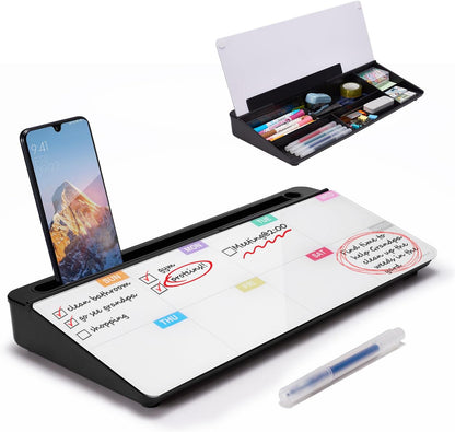 TSJ OFFICE Small Desktop Whiteboard -Glass Dry Erase Board Computer Keyboard Stand White Board Surface Pad with Drawer, Desk Organizers with Accessories for Office, Home, School Supplies - White