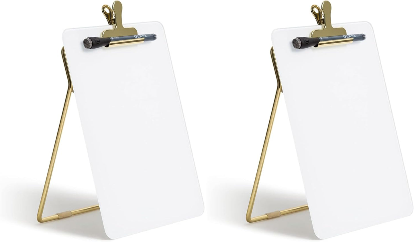 U Brands Glass Dry-Erase Desktop Easel, Tempered Glass, Gold Metal Stand, Removable Clip