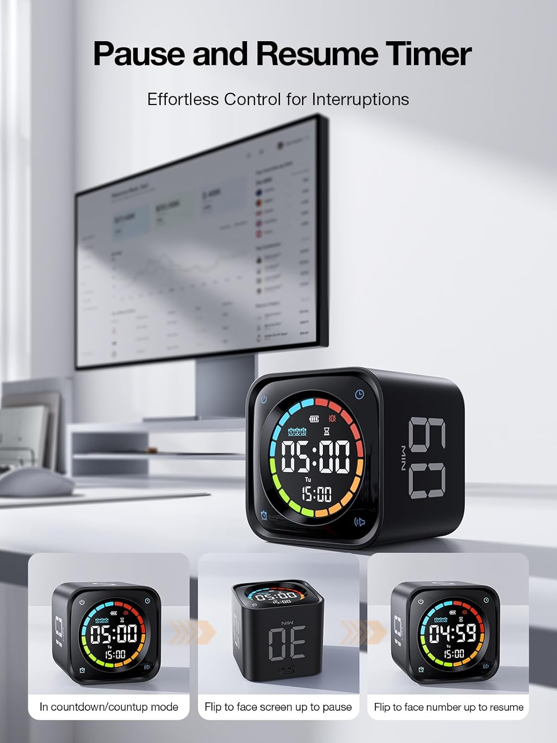 Ticktime TK3 Pomodoro Timer Cube, Productivity Timer, 5/10/30/60 Min Presets, Custom Countdown, Stopwatch & Clock, Triple Alarms, Silent/Vibration/Sound Alerts, Rechargeable for ADHD Study Task, Black