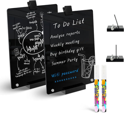 Acrylic Black Dry Erase Board with Stand - 8” x 6” Small Desktop Whiteboard with Marker, Reusable Desk Blackboard, to-Do List, Planner, Memo Clipboard, Menu Board for Office, Home, Bar