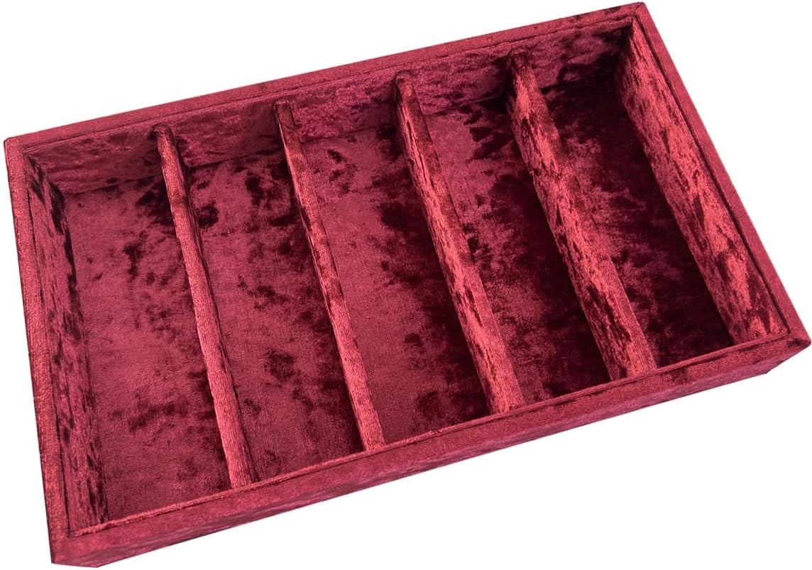 AgentMoon 5-Compartment Velvet Sunglasses & Jewelry Organizer Tray – Adjustable Dividers, Sturdy Wood, Non-Slip Storage for Watches, Glasses, Bracelets, Desk or Drawer.(Tabby Red)