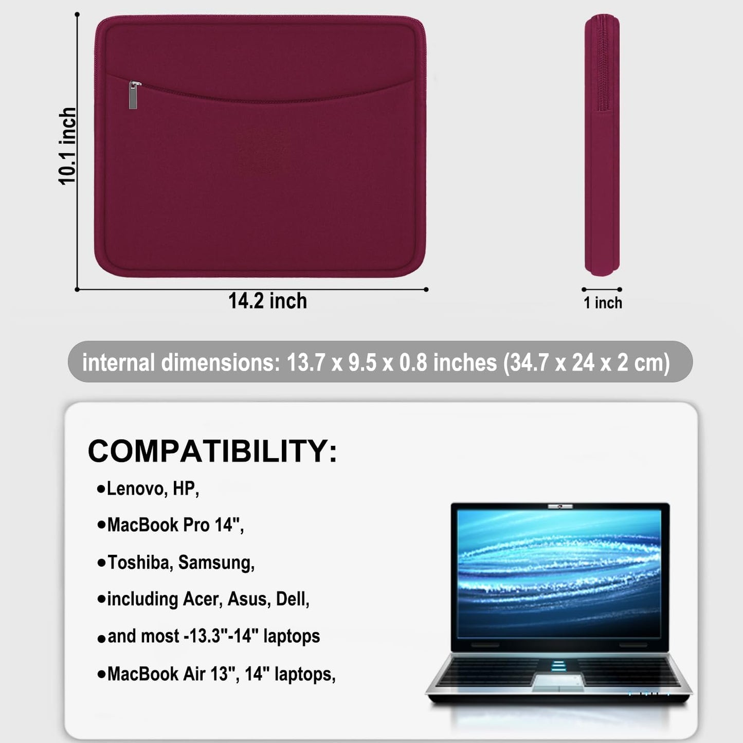 Laptop Sleeve Case 14 inch, Shockproof Protective Laptop Cover Briefcase Carrying Computer Bag with Accessory Pocket Portable Computer Sleeve for 14" MacBook, HP, Dell, Lenovo, Acer, Black