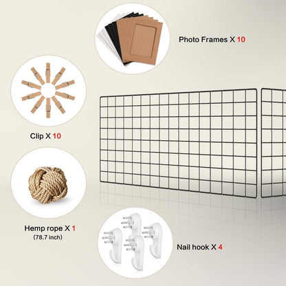 Wall Photo Grid Shelf, Wall Hanging Ins Art Display Grid Panel for Decor & Storage, Metal Wire Notice Boards & Memo Board, Mesh Tool Organiser, Wall Photo Frame 2 Pcs (Black, 15.7 x 31.5 inches)