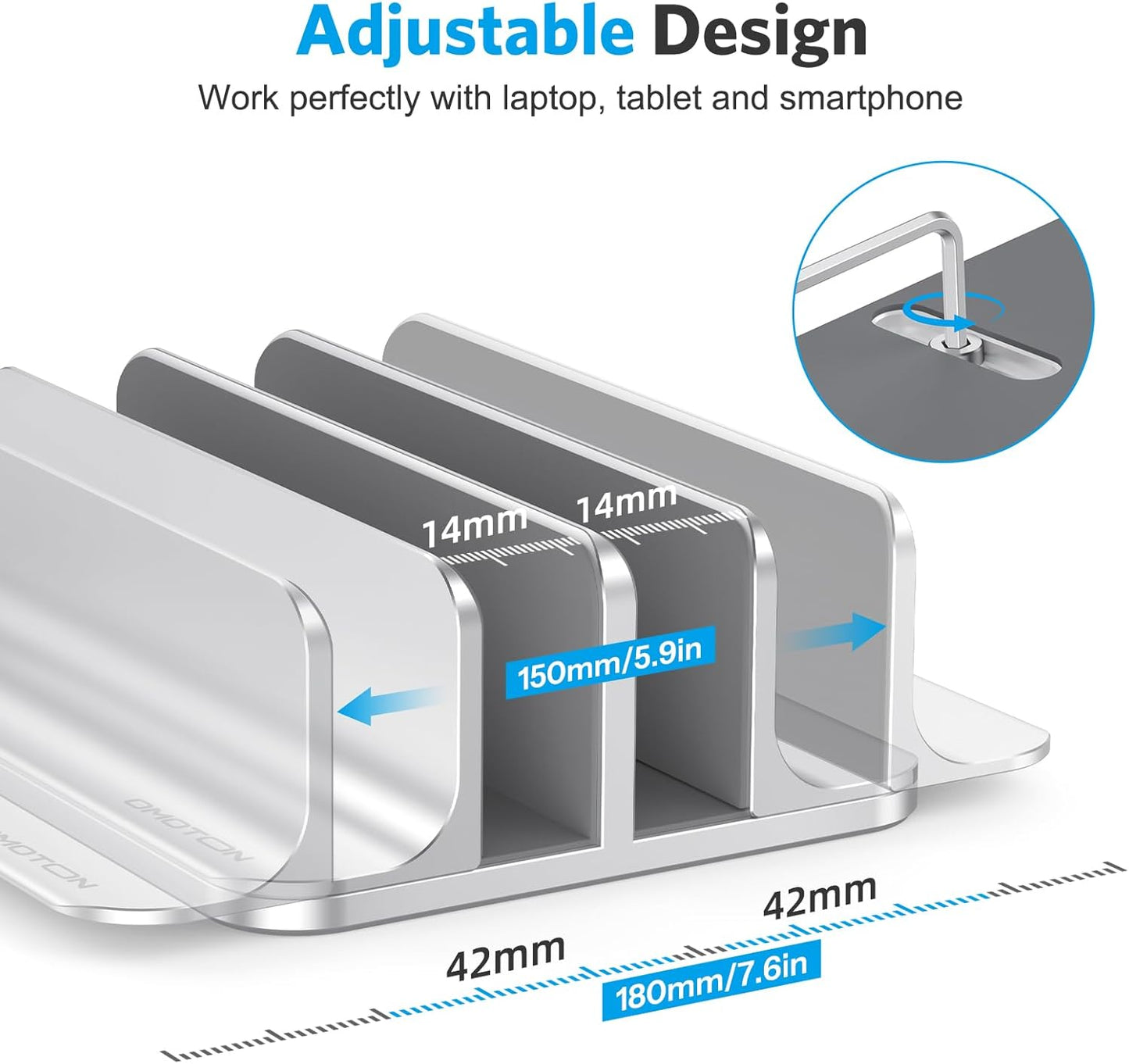 OMOTON Vertical Laptop Stand [Updated Double Version], Desktop Aluminum Mac Book Stand with Adjustable Dock Size, Fits All Mac Book, Surface, Chrome Book and Gaming Laptops (Up to 17.3 inch) (Black)