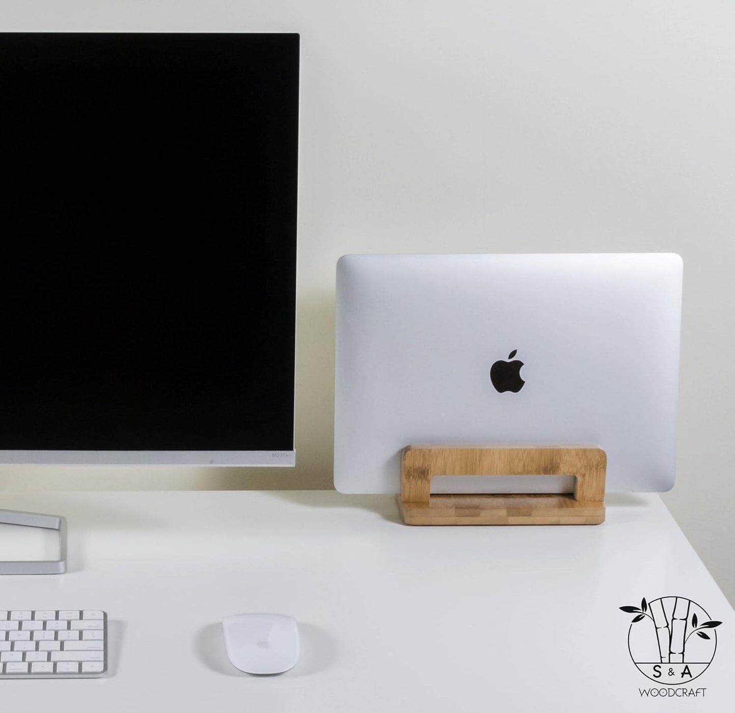 S&A WOODCRAFT 3 Slots Bamboo Wood Vertical Laptop Stand, Adjustable Wooden Laptop Holder, Non-Slip Laptop Dock Compatible with Apple MacBook, Microsoft Surface, Gaming Laptops, IPad, Tablets