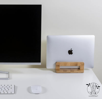 S&A WOODCRAFT 3 Slots Bamboo Wood Vertical Laptop Stand, Adjustable Wooden Laptop Holder, Non-Slip Laptop Dock Compatible with Apple MacBook, Microsoft Surface, Gaming Laptops, IPad, Tablets